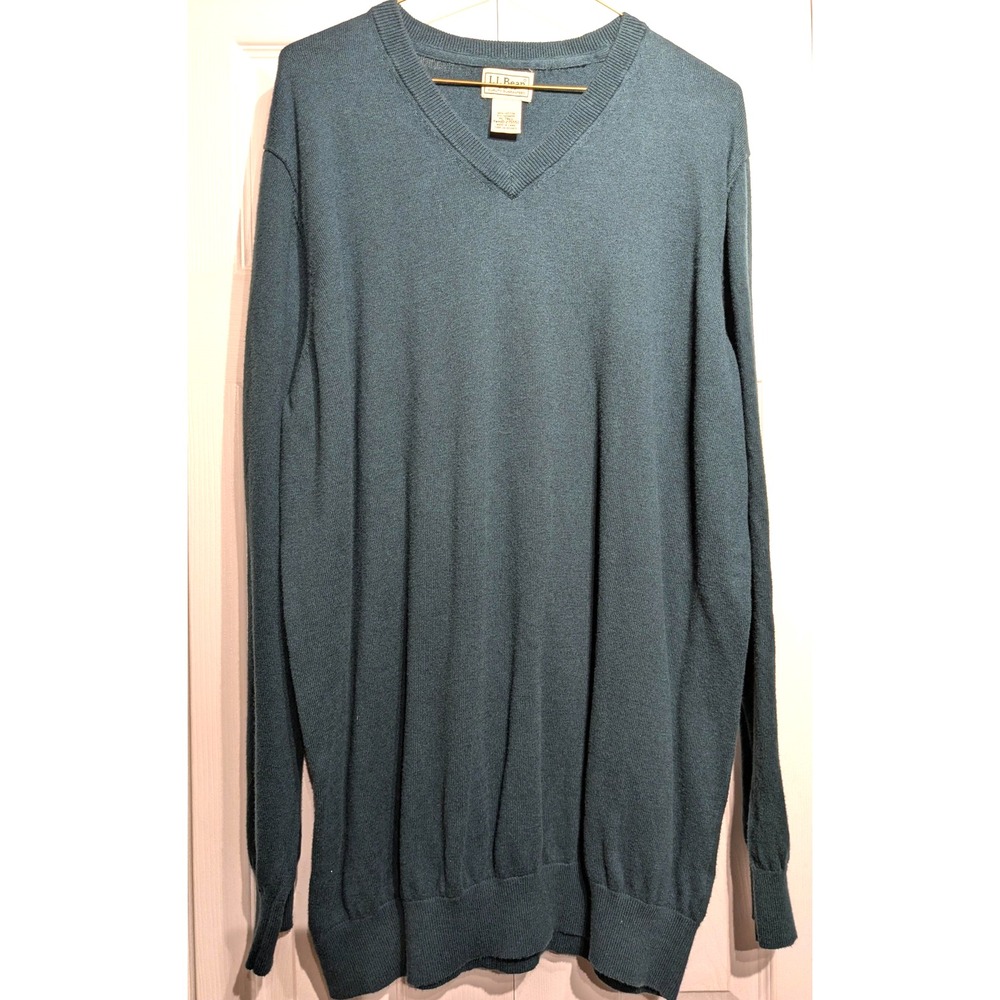 L.L.Bean Sweater Mens XL Tall Teal Green V Neck Cotton Cashmere Blend Pullover - Picture 2 of 14